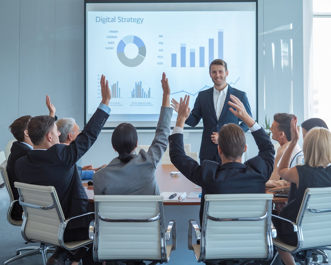 A photo of a marketing consultant presenting a digital strategy A photo of a marketing consultant at Nixxie International presenting a digital strategy to clients