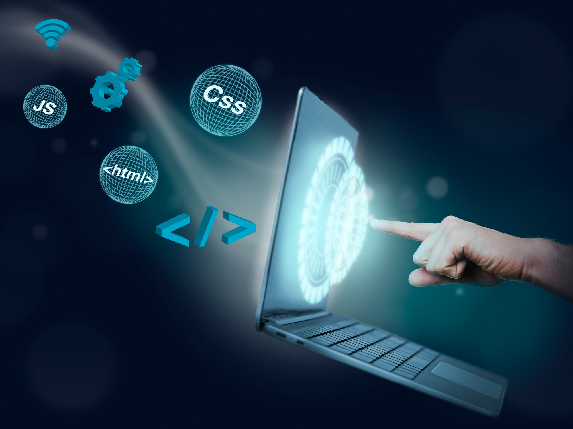 A futuristic illustration of a hand interacting with a holographic interface projected from a laptop, surrounded by coding symbols like HTML, CSS, and technology icons. It represents modern web development, coding, and digital transformation.