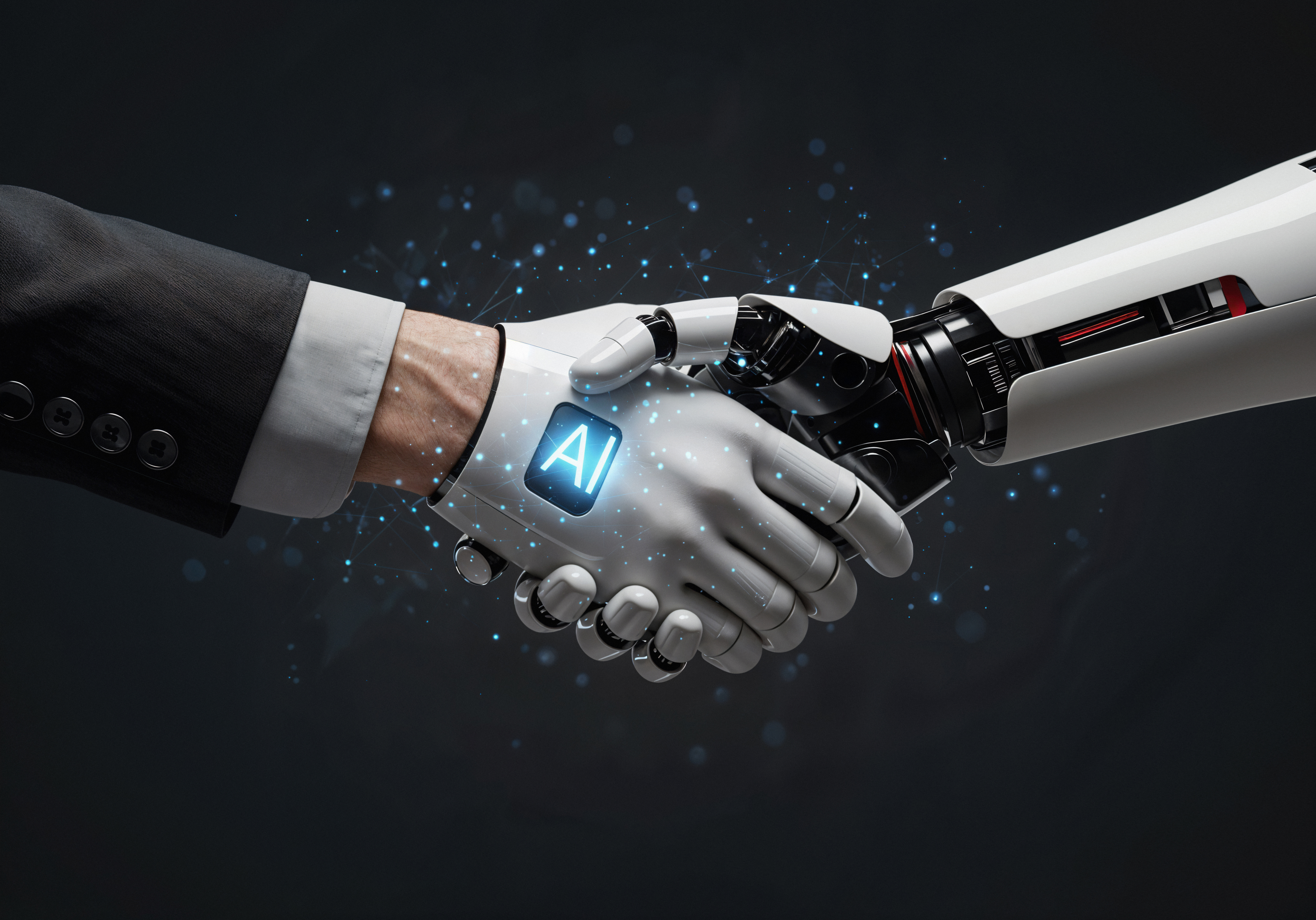 A symbolic handshake between a human in a business suit and a robotic hand, representing collaboration between artificial intelligence and humans.